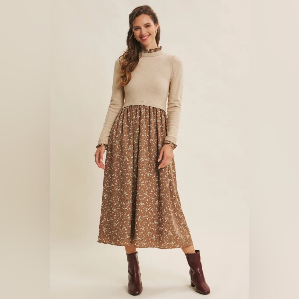 In February S Sweater Layered Dress Prairie Core Tan Beige Floral Skirt Flowy